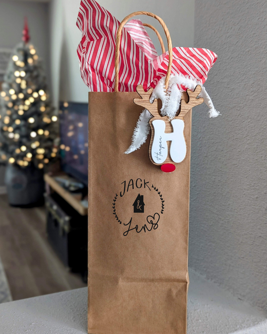 Retro Reindeer Letter + Engraved Name | Christmas Stocking Gift Tag