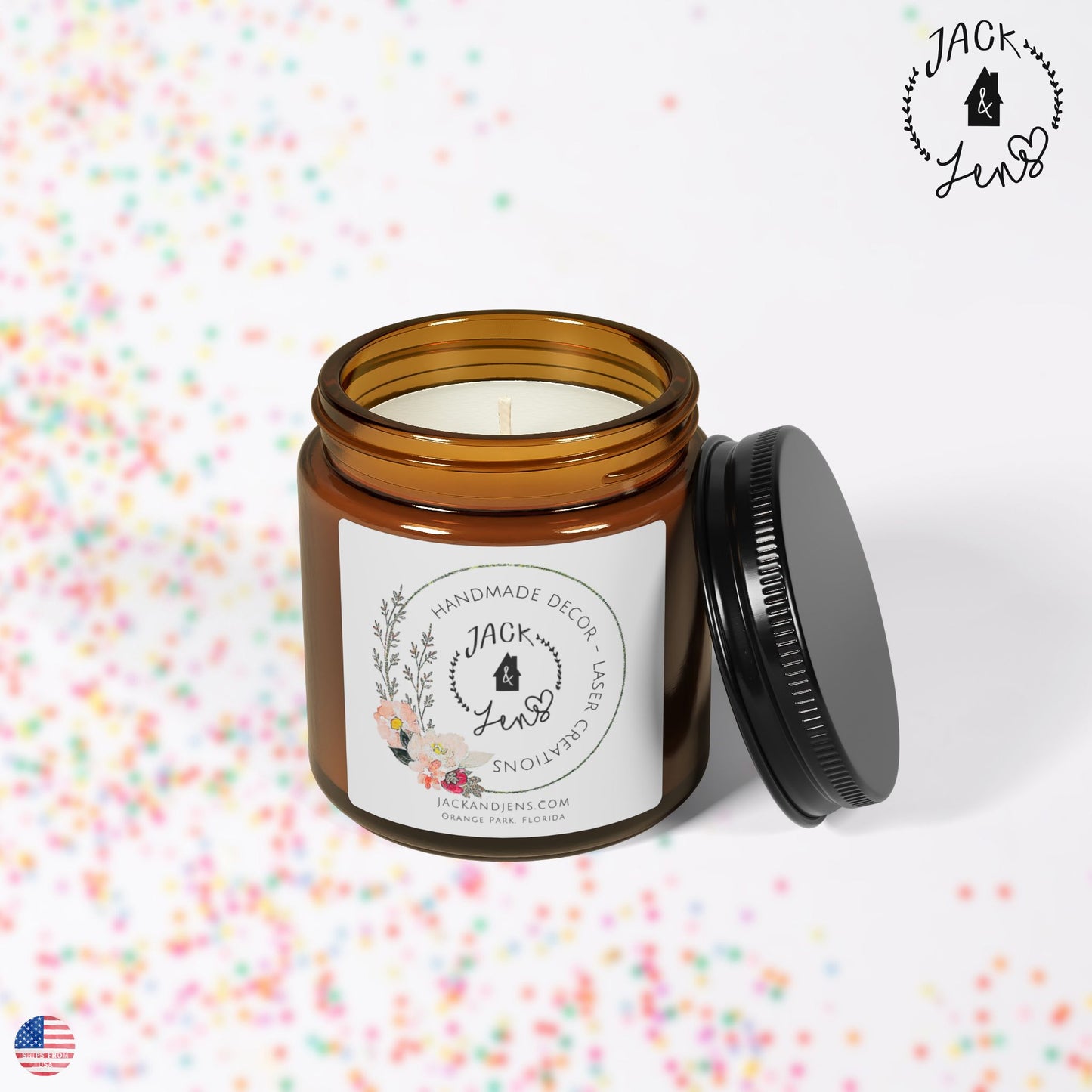 Jack & Jens Logo-Florals | Scented Soy Candle Amber Jar