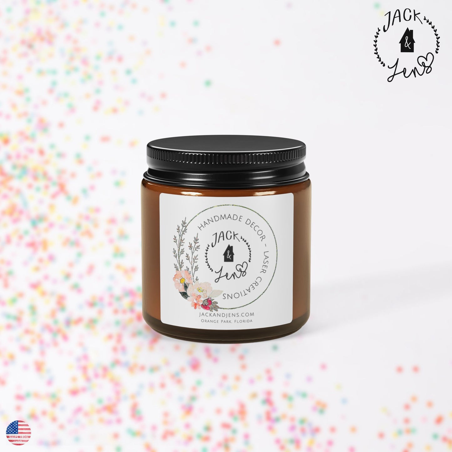 Jack & Jens Logo-Florals | Scented Soy Candle Amber Jar